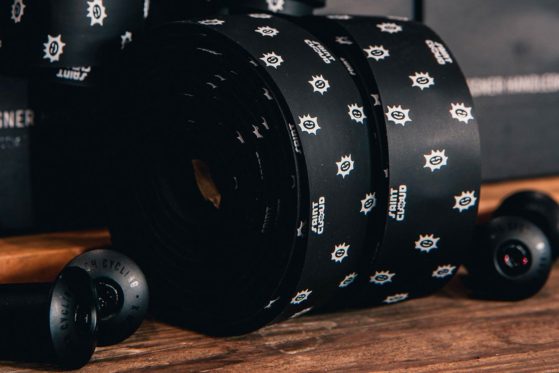 Saint Clouds bar tape design, featuring white suns